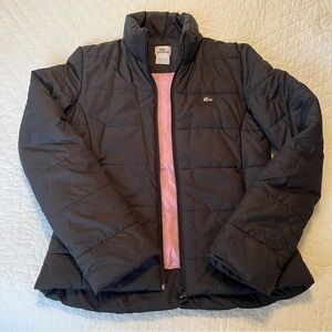 LACOSTE Vintage Women's Black Puffer Coat with Pink Lining - size 38 (Small)